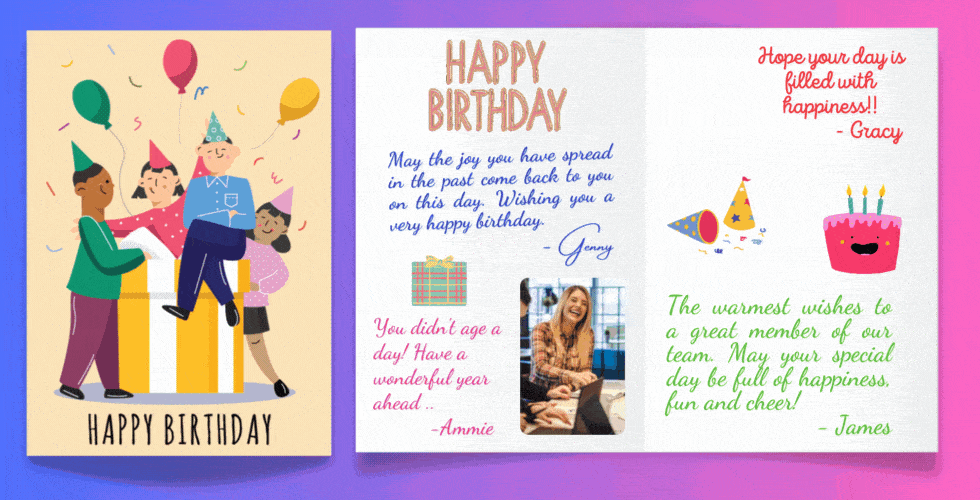 Happy Birthday group greeting card with multiple birthday wishes for coworkers